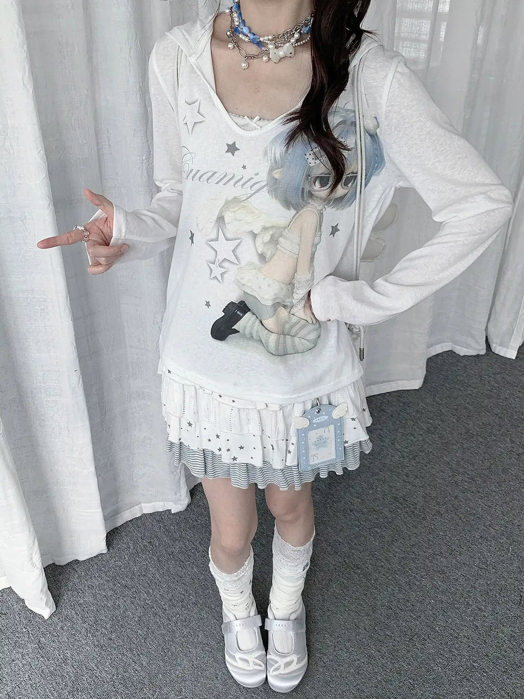 Semi-Sheer Cartoon Hooded Long-Sleeve Tee OL2389