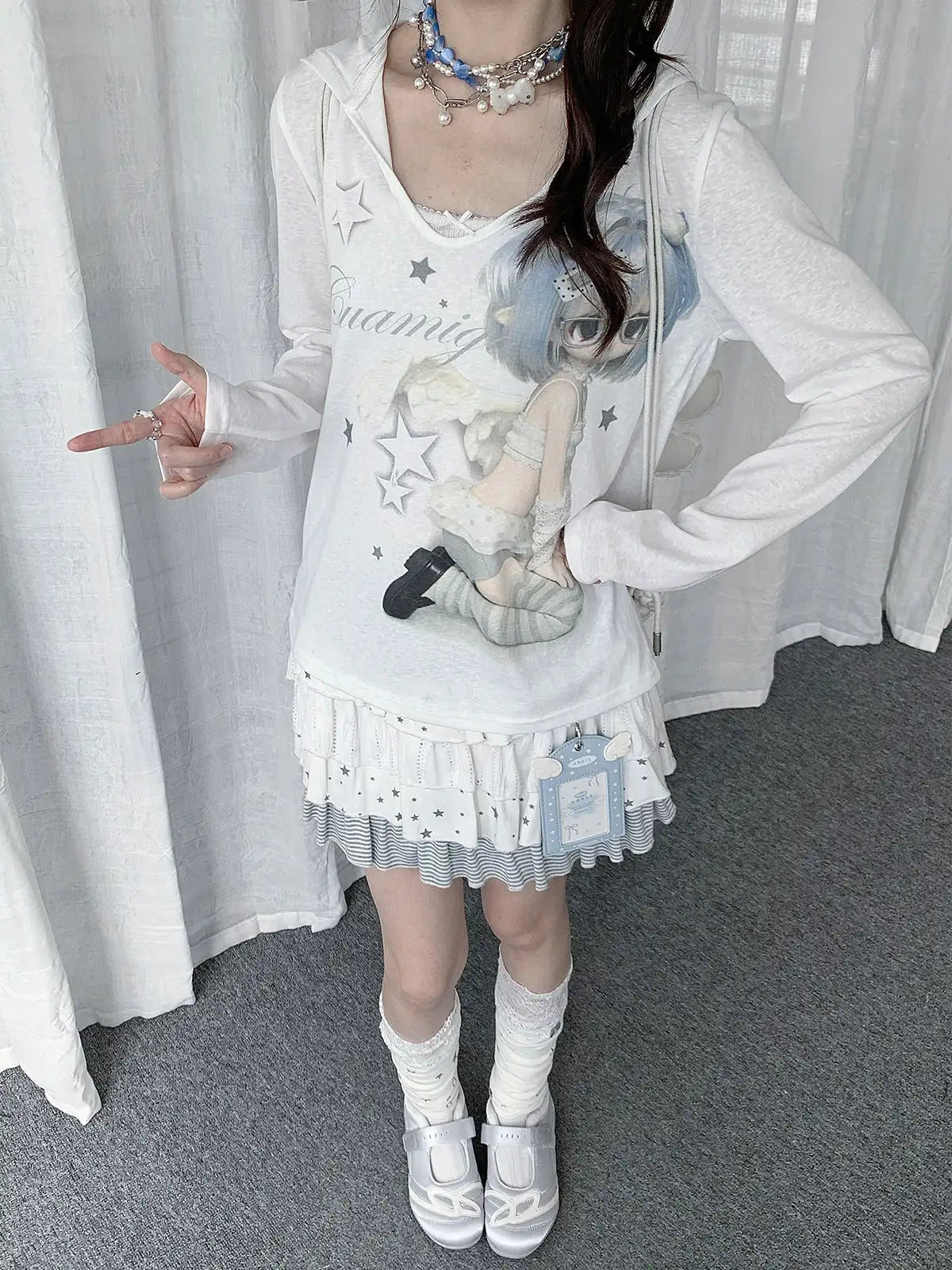 Semi-Sheer Cartoon Hooded Long-Sleeve Tee OL2389