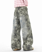 Retro Star Print Wide Cargo Denim Pants OL2320