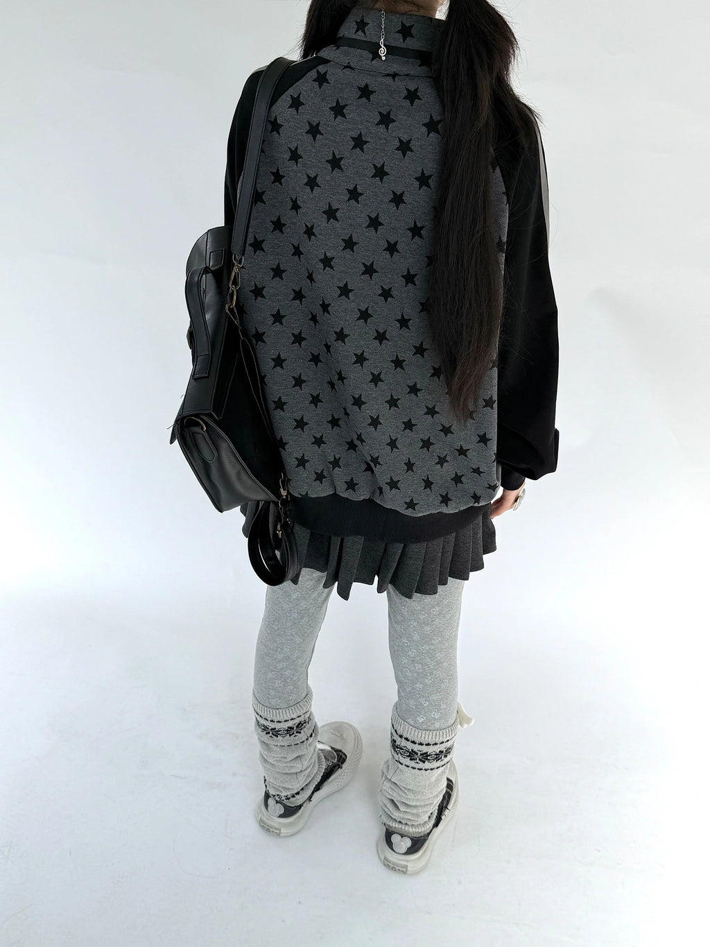 Star Print Stand Collar Double Zip Jacket OL2482