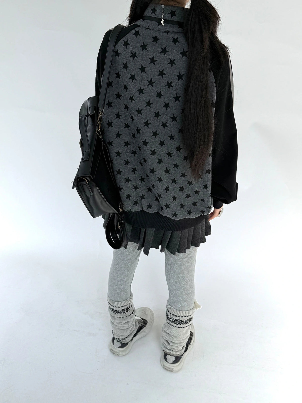 Star Print Stand Collar Double Zip Jacket OL2482