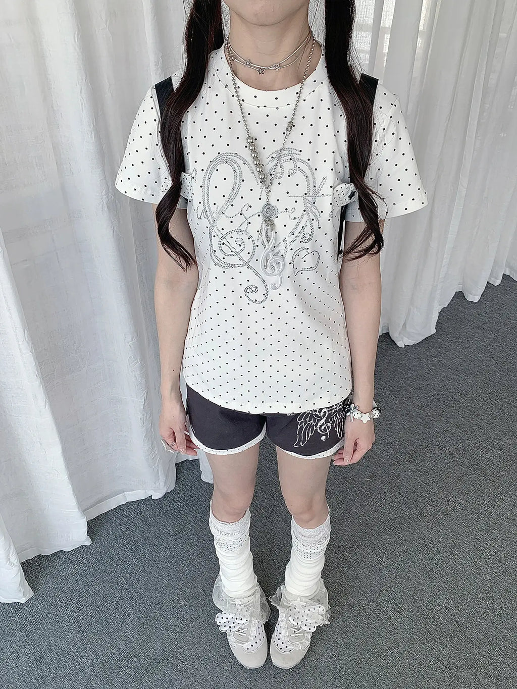 White Polka Dot Heart Note Slim Fit Tee OL2332