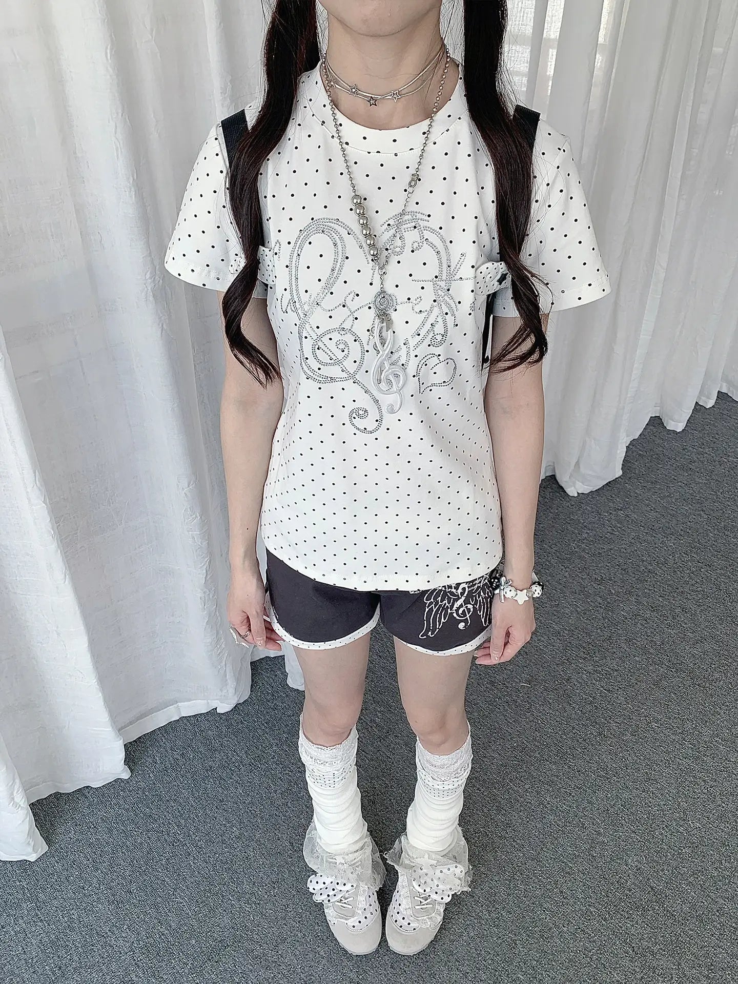 White Polka Dot Heart Note Slim Fit Tee OL2332