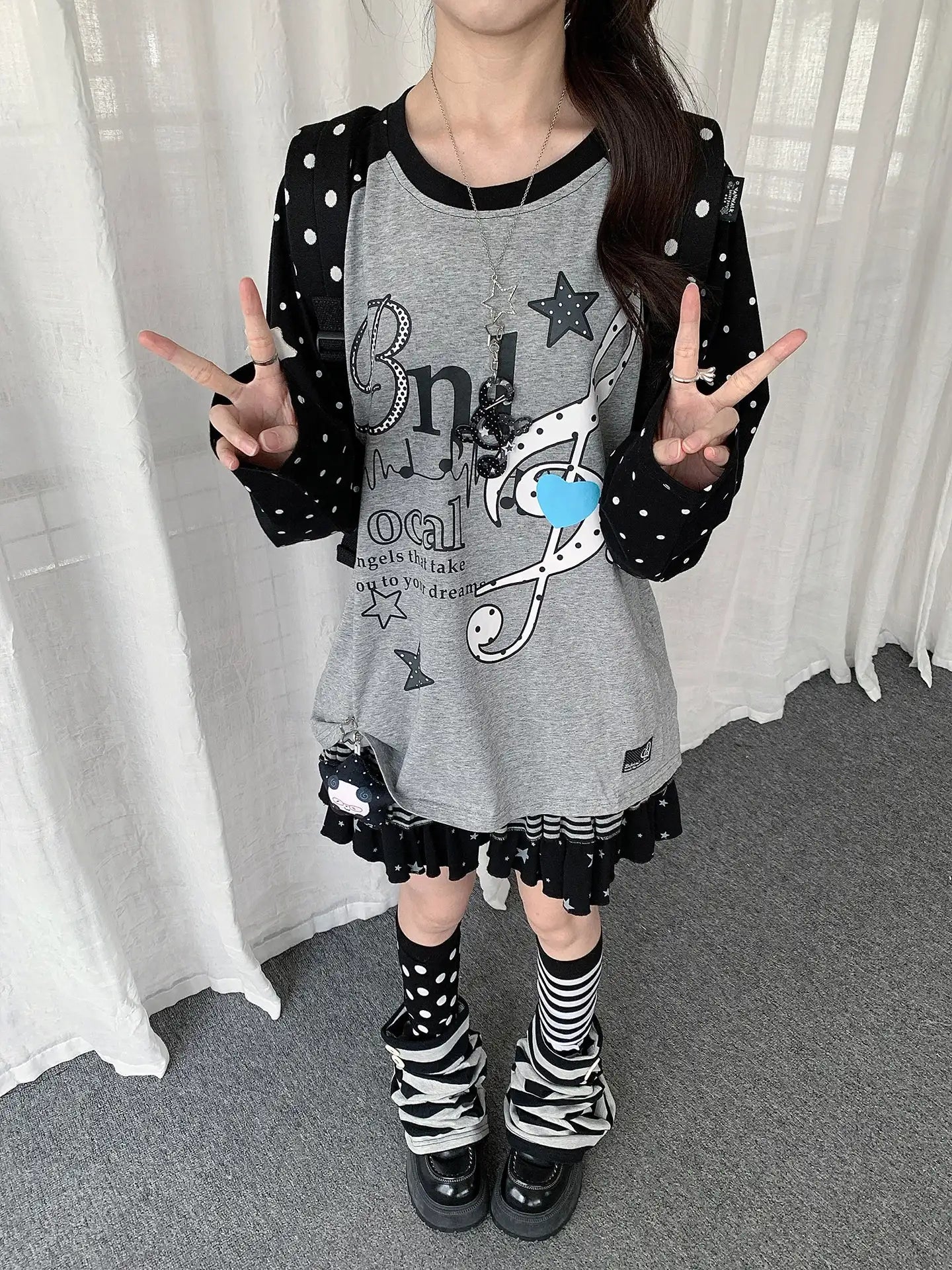 Polka Dot Music Note Layered Long Sleeve Tee OL2387