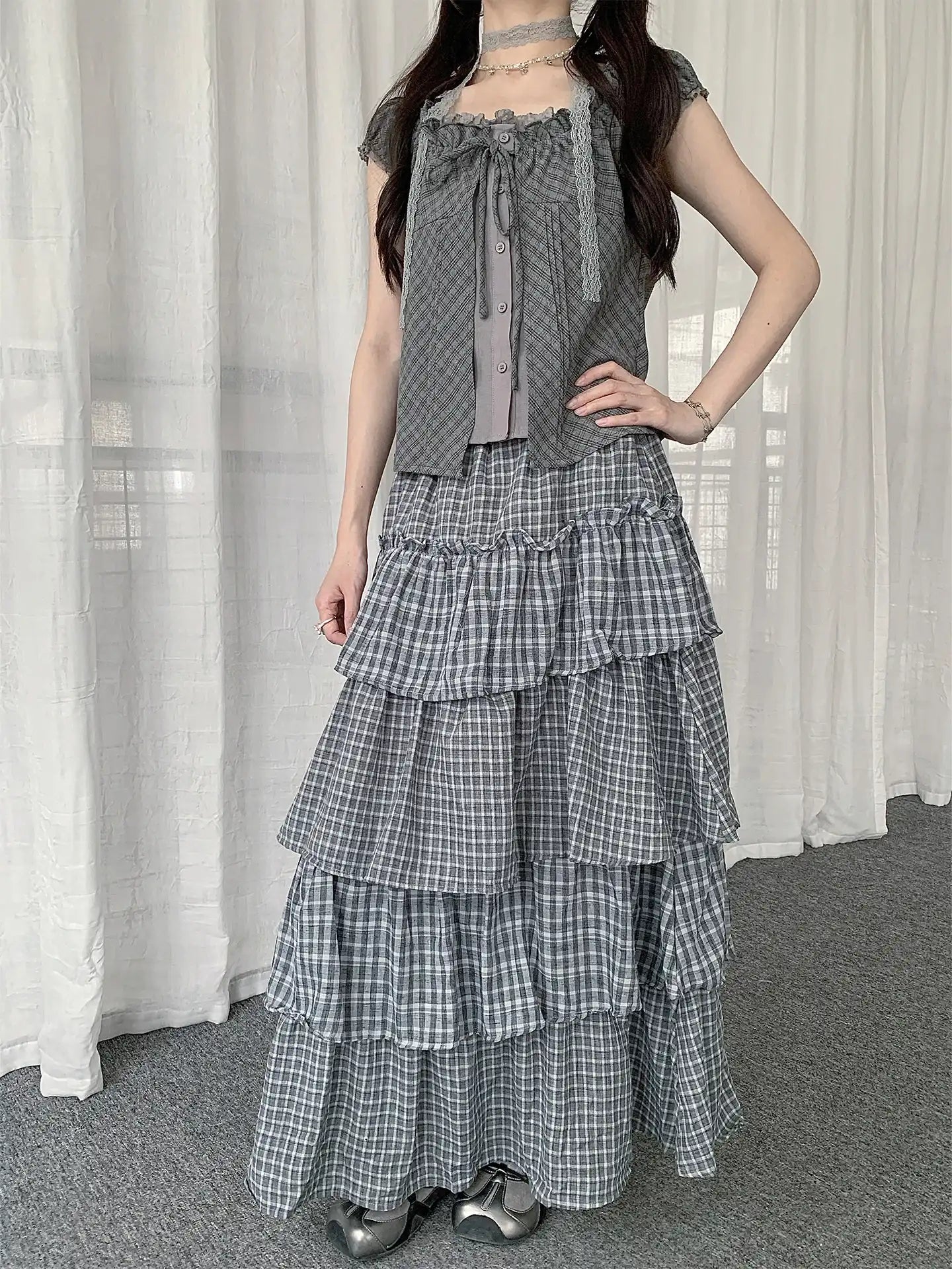 Layered Check Cake Skirt Dress  OL2274