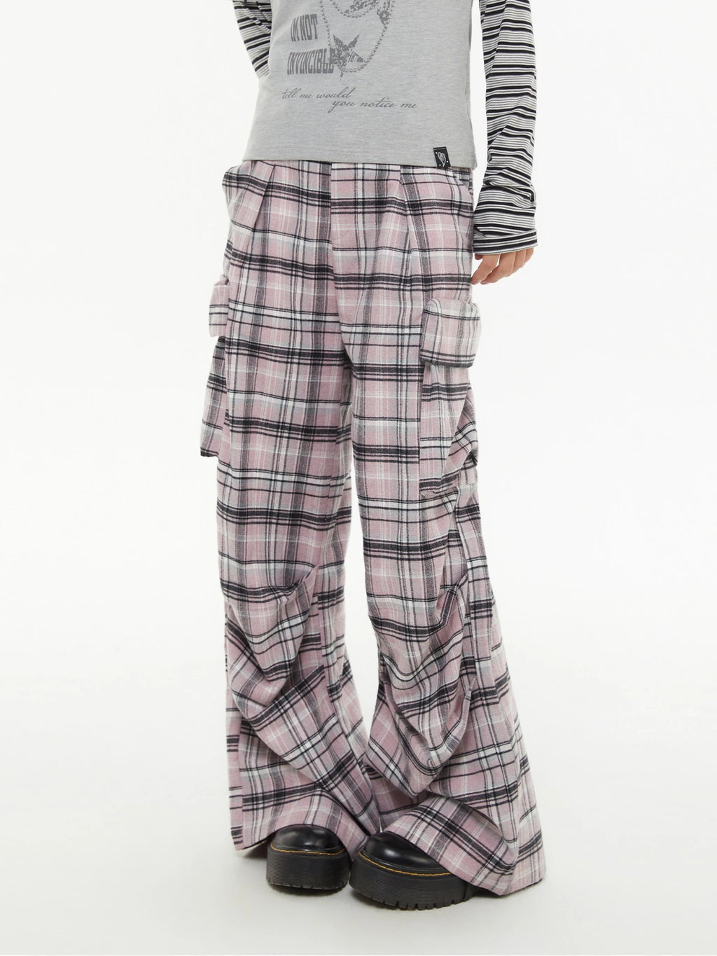 Pink Plaid Wide-Leg Cargo Pants oliviroa オリヴィオラ