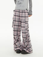 Pink Plaid Wide-Leg Cargo Pants oliviroa オリヴィオラ