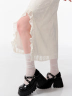 High Waist Lace Ruffle Slit Midi Skirt OL2254
