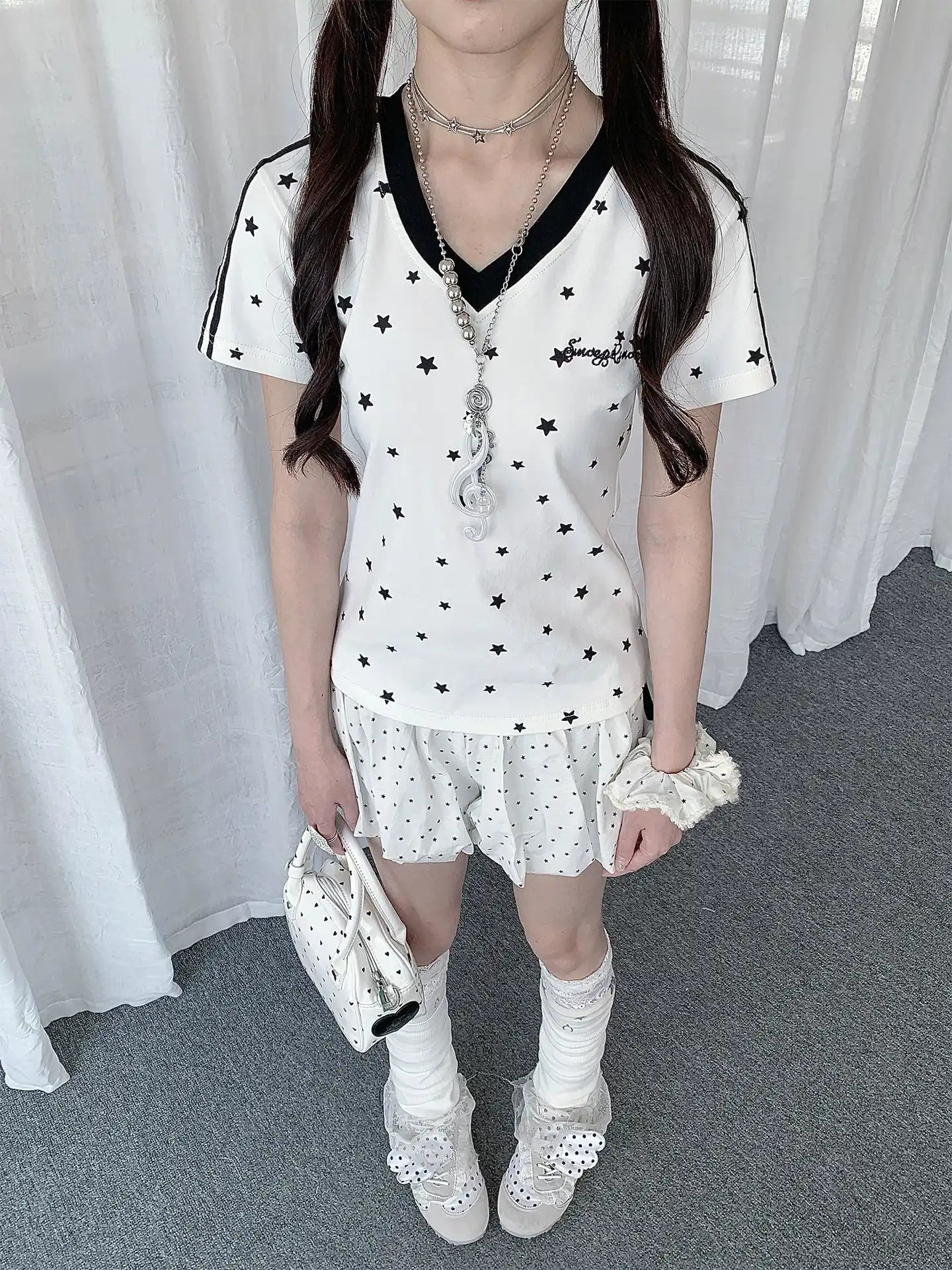 Star Print Angel Wing V Neck T-Shirt OL2291