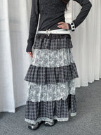 Plaid Lace Tiered Midi Skirt  OL2436