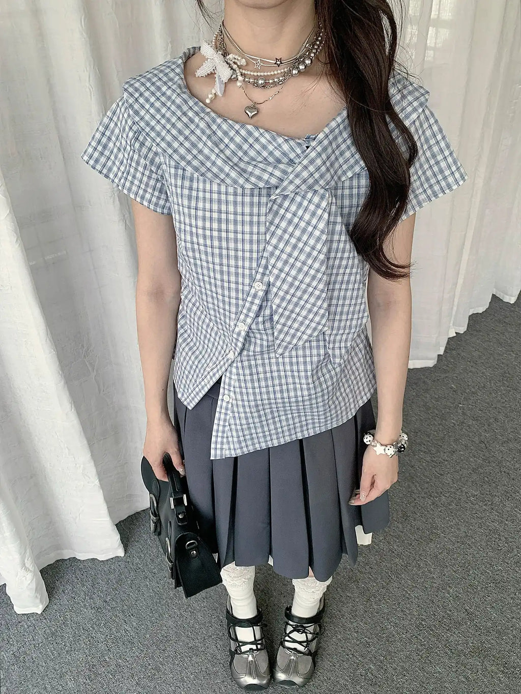 Irregular Collar Check Short Sleeve Blouse OL2290