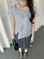 Irregular Collar Check Short Sleeve Blouse OL2290