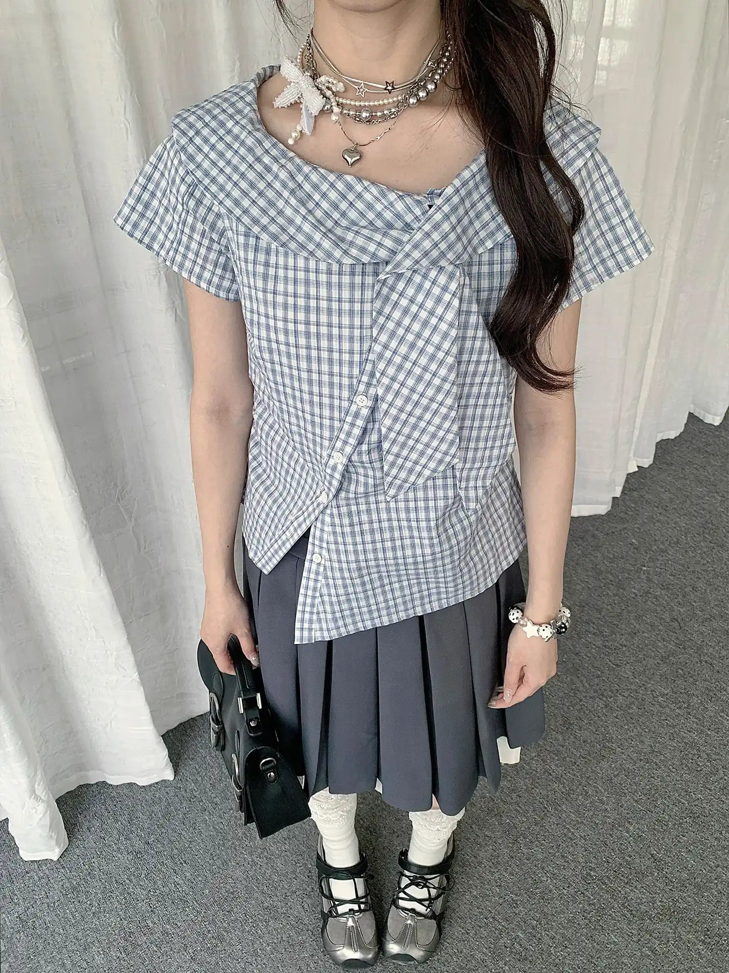 Irregular Collar Check Short Sleeve Blouse OL2290