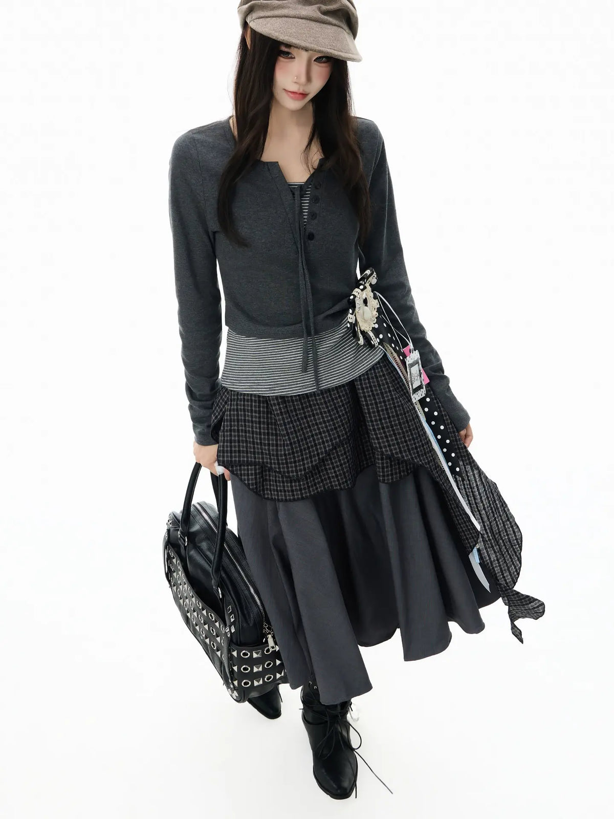 Asymmetric Plaid Layered Maxi Skirt OL2411