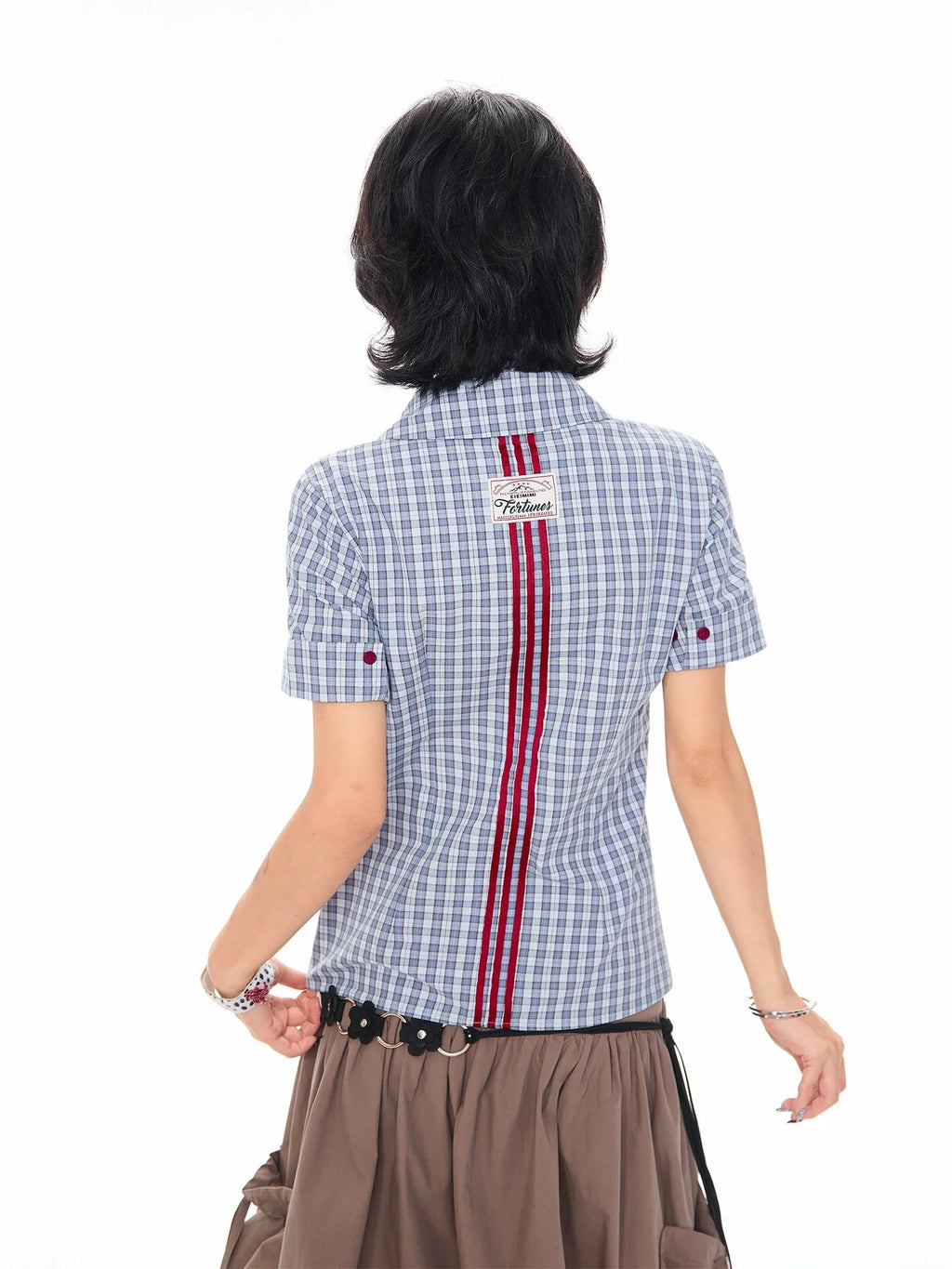 Vintage Plaid Asymmetrical Slim Fit Crop Shirt oliviroa オリヴィオラ
