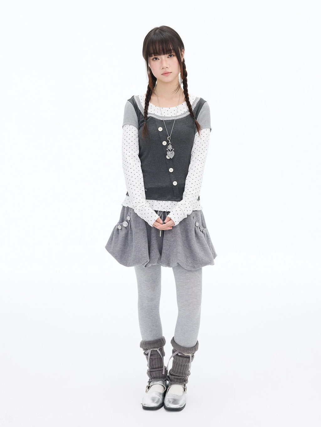 Polka Dot Lace Layered Fitted Long Sleeve Tee OL2397