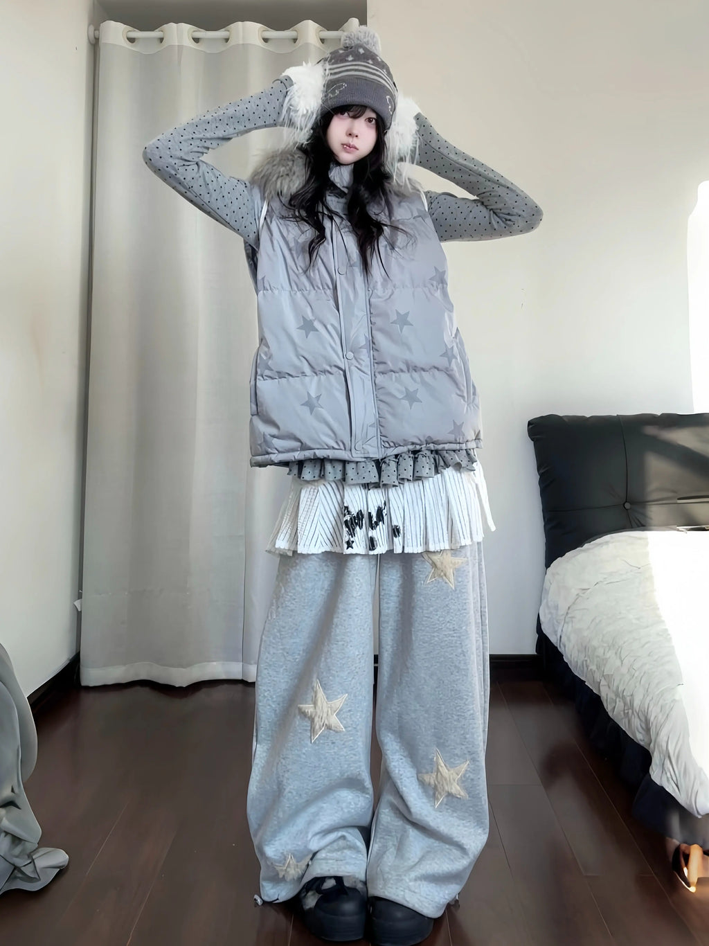 Star Print Convertible Fur Collar Puffer Jacket oliviroa オリヴィオラ