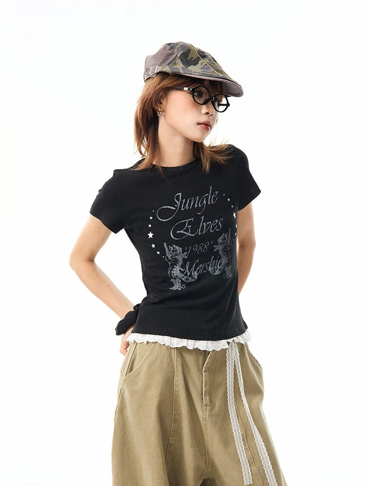 Vintage Lace Trim Fitted T Shirt OL2358