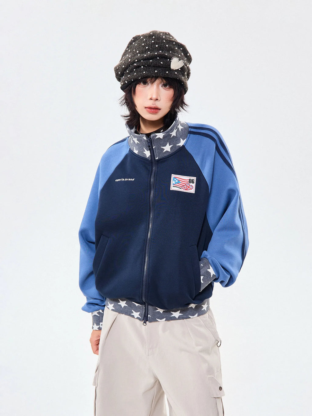 Retro Colorblock Stand Collar Zip Jacket   oliviroa オリヴィオラ