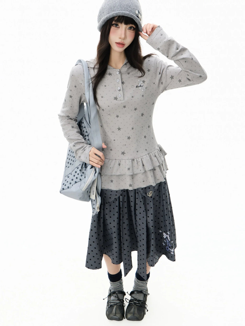 Polka Dot Star 러플 후드 긴팔 티셔츠 OL2406