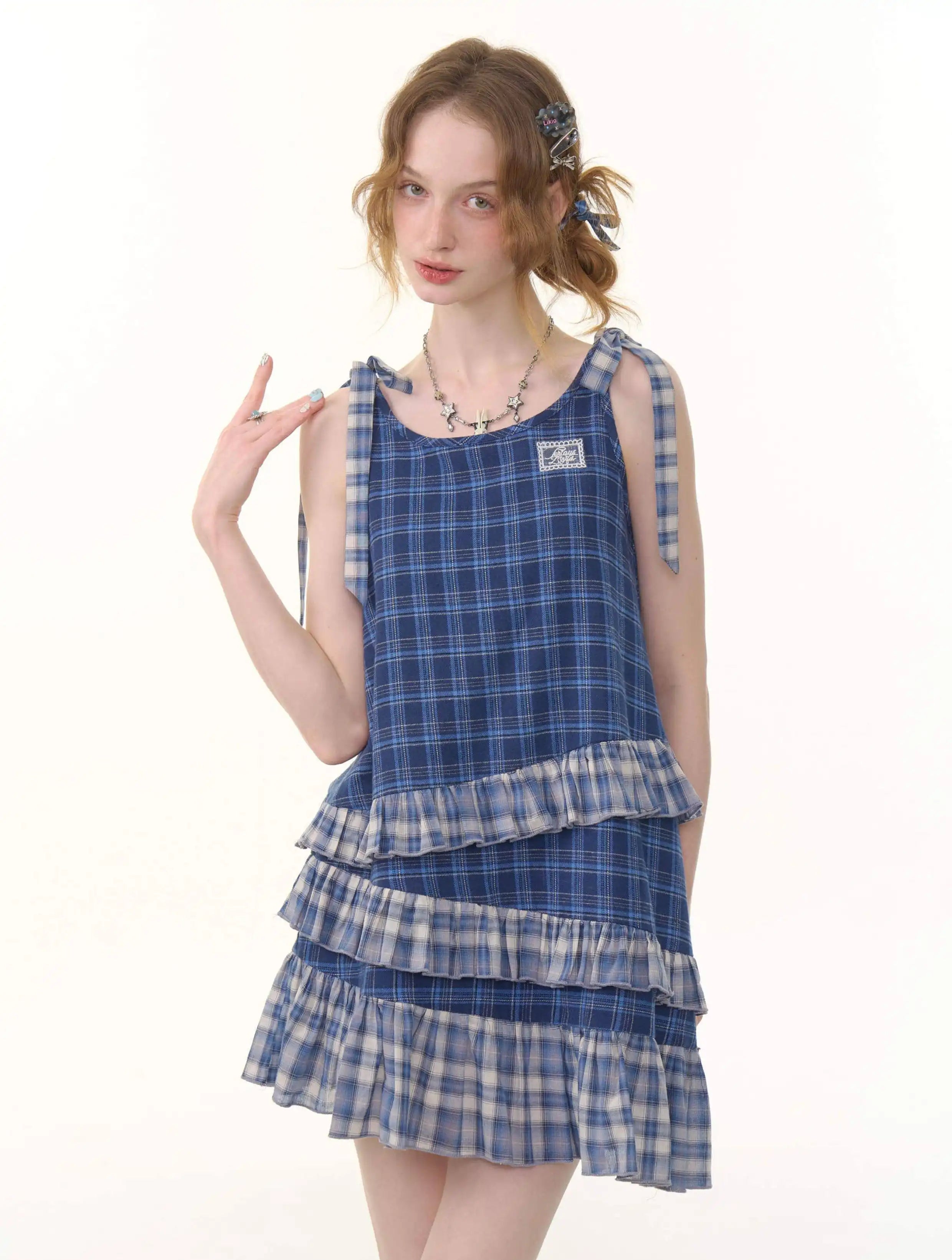 Asymmetrical Hem Blue Plaid Cami Dress oliviroa オリヴィオラ