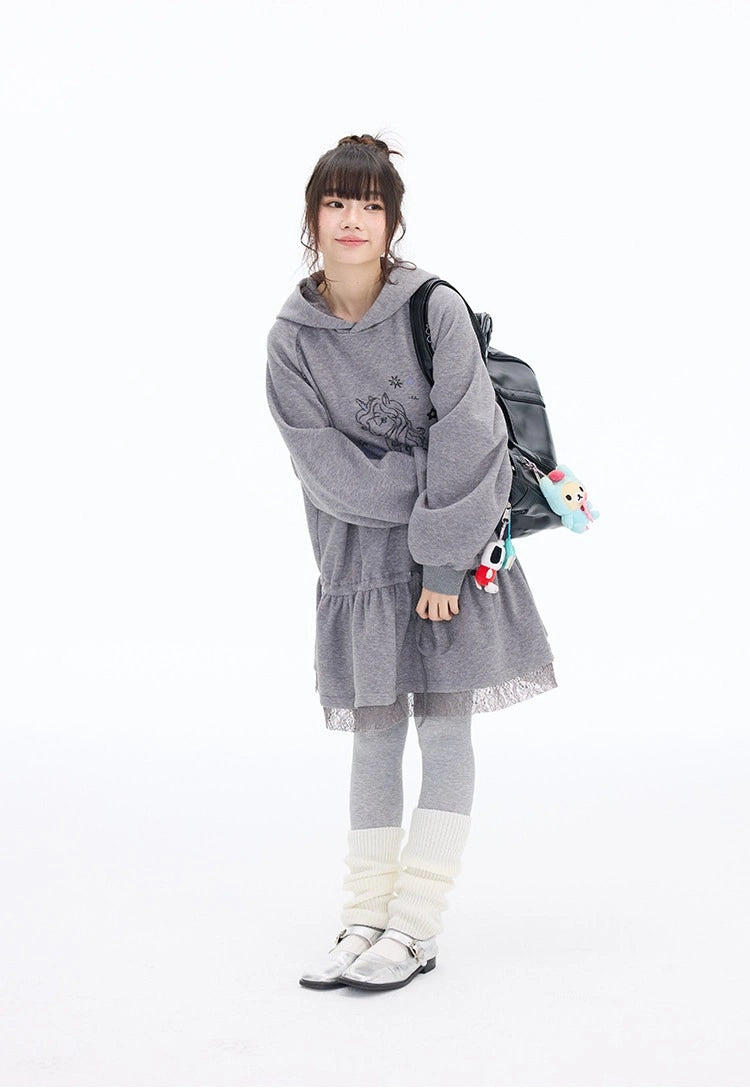 Pony Graphic Long Hooded Sweatshirt Dress OL2398