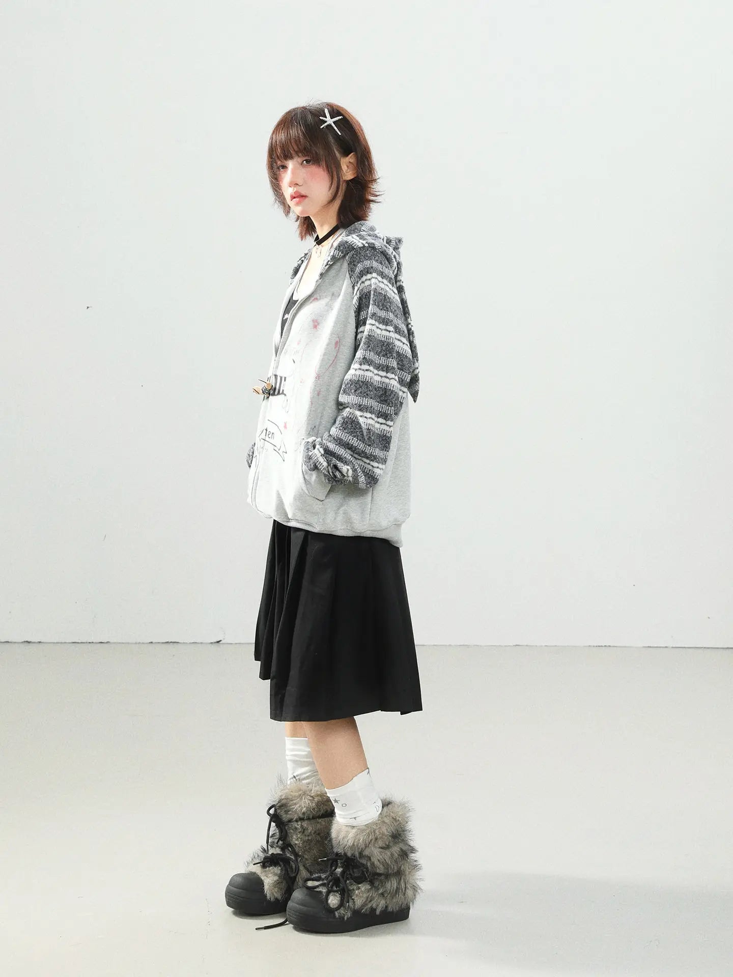 Vintage Dachshund Print Bunny Ear Hoodie Cardigan   OL2230