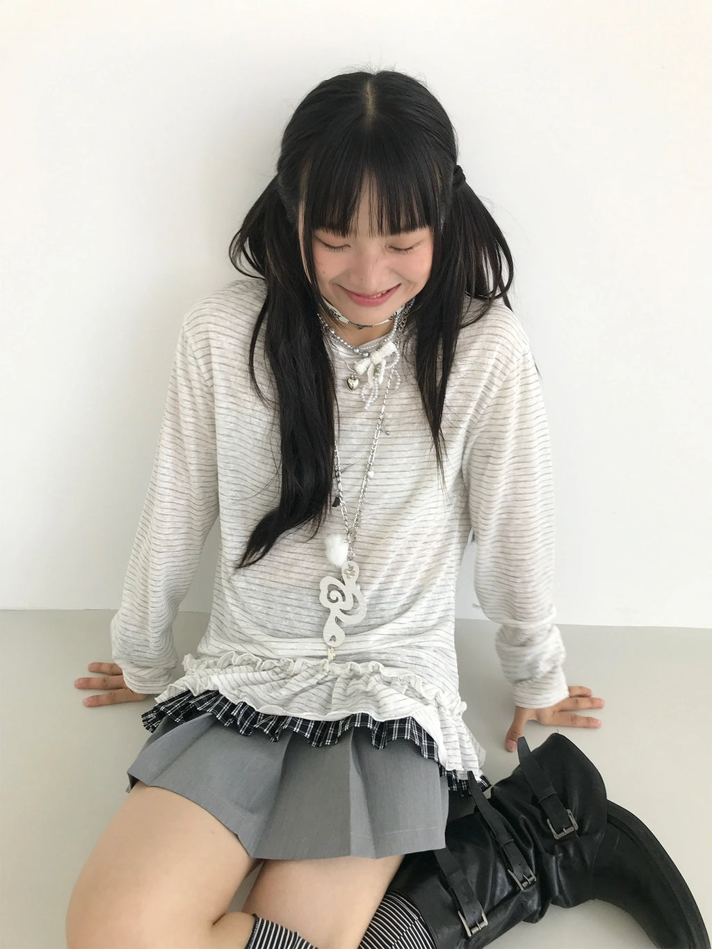 Sheer Embroidered Stripe Long Sleeve Top OL2296