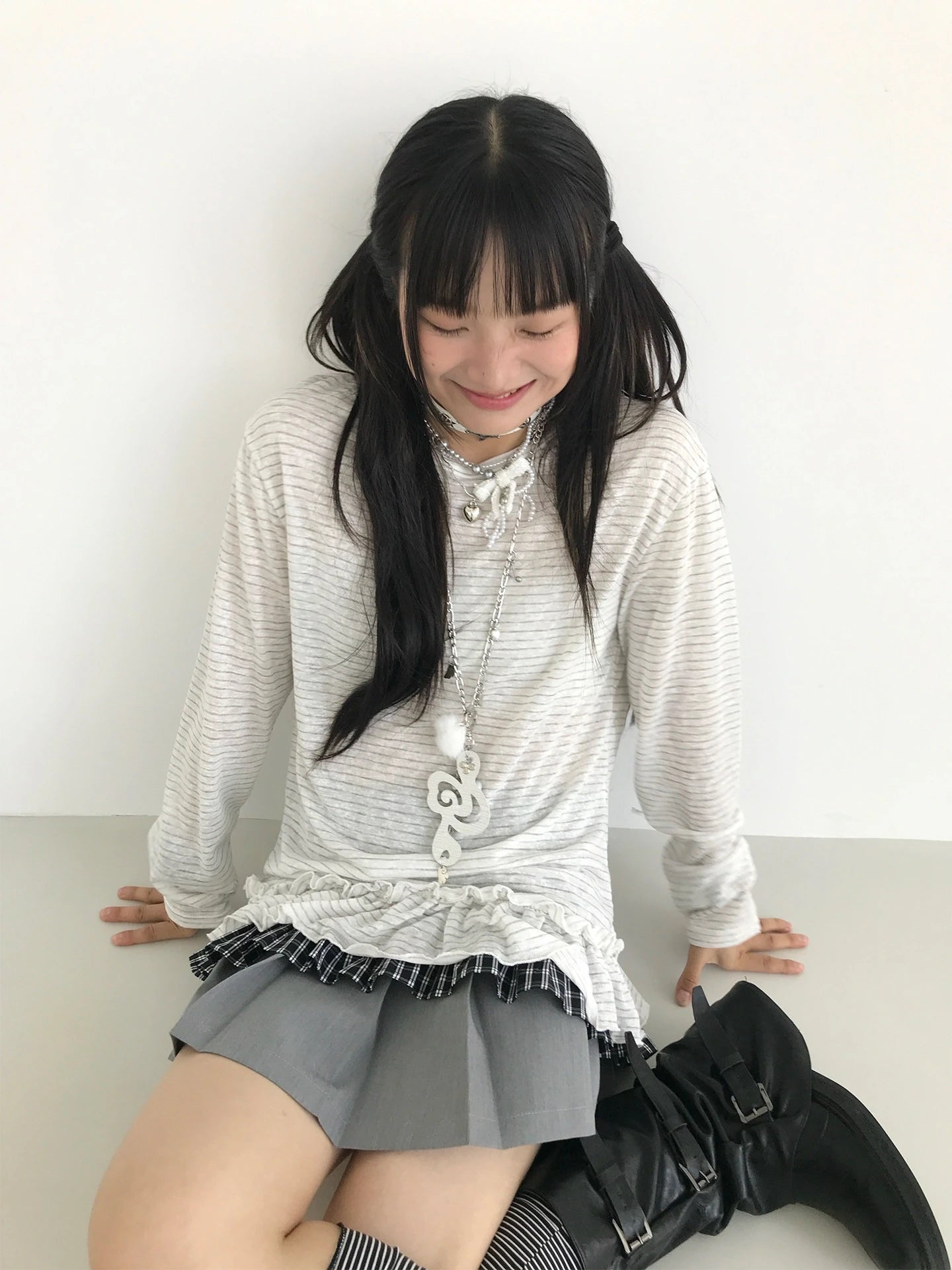 Sheer Embroidered Stripe Long Sleeve Top OL2296