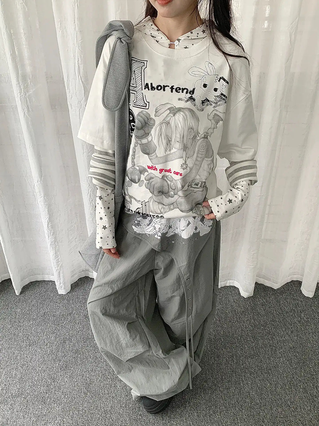 Y2K Cartoon Stripe Layered Long Sleeve T-Shirt OL2292