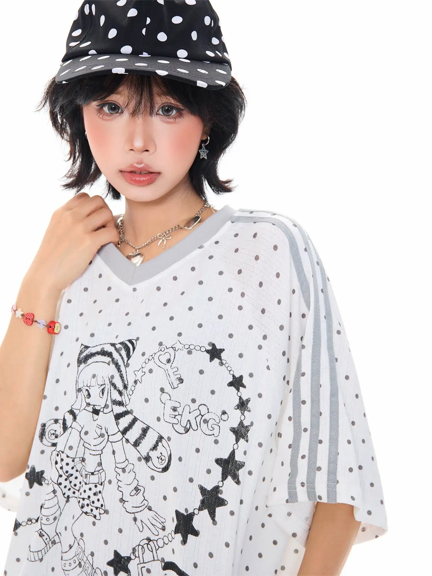 Cartoon Polka Dot V Neck Relaxed Tee OL2305