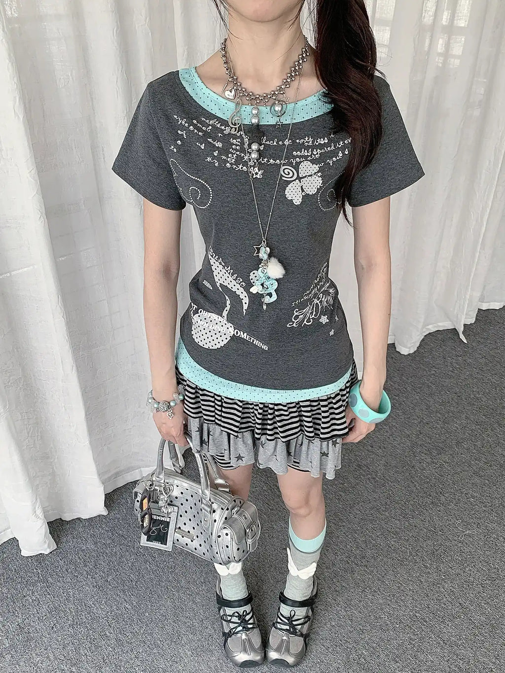 Y2K Polka Dot Rhinestone Layered T-Shirt OL2285