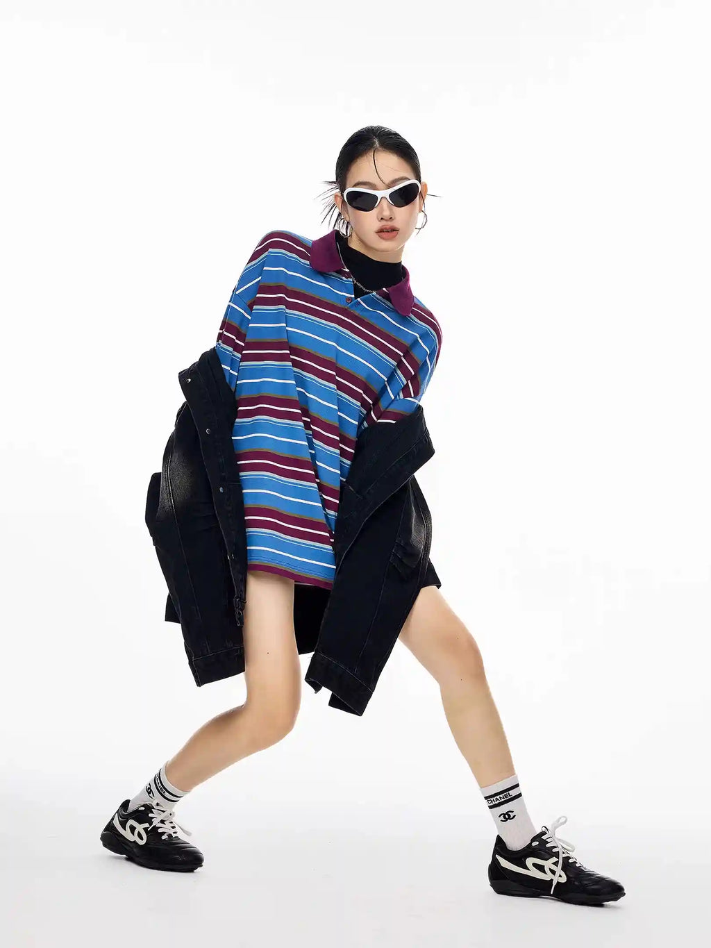 Striped Long Sleeve Polo Top with Contrast Panels   OL1993