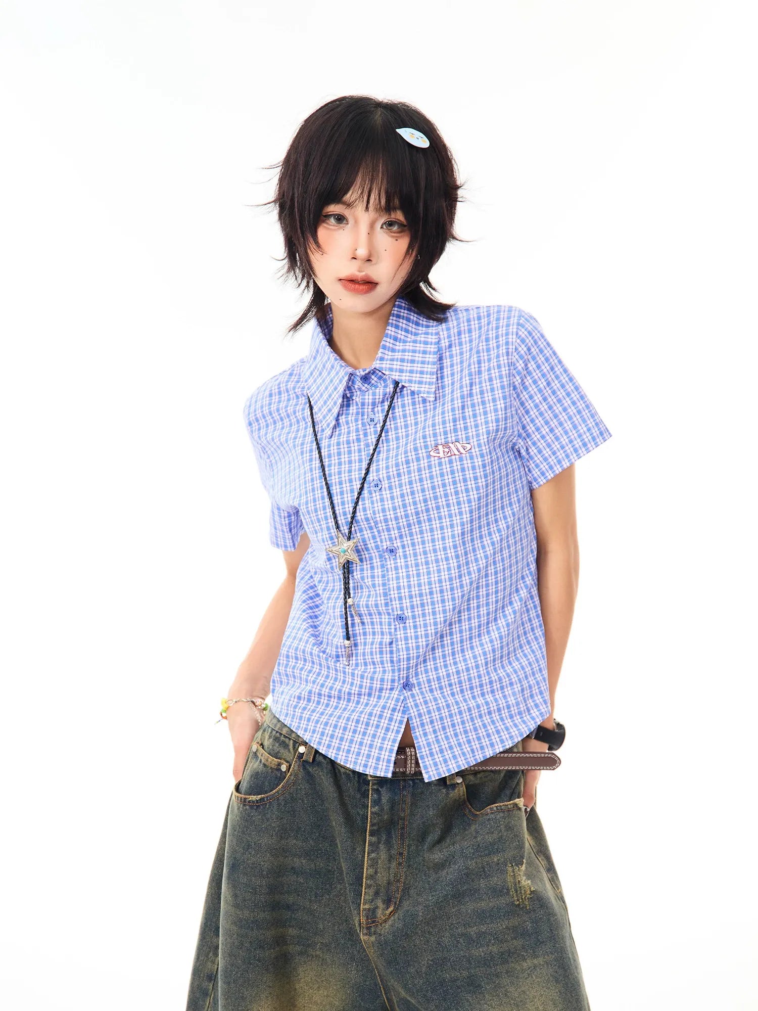 Vintage Embroidered Plaid Relaxed Fit Shirt OL2269