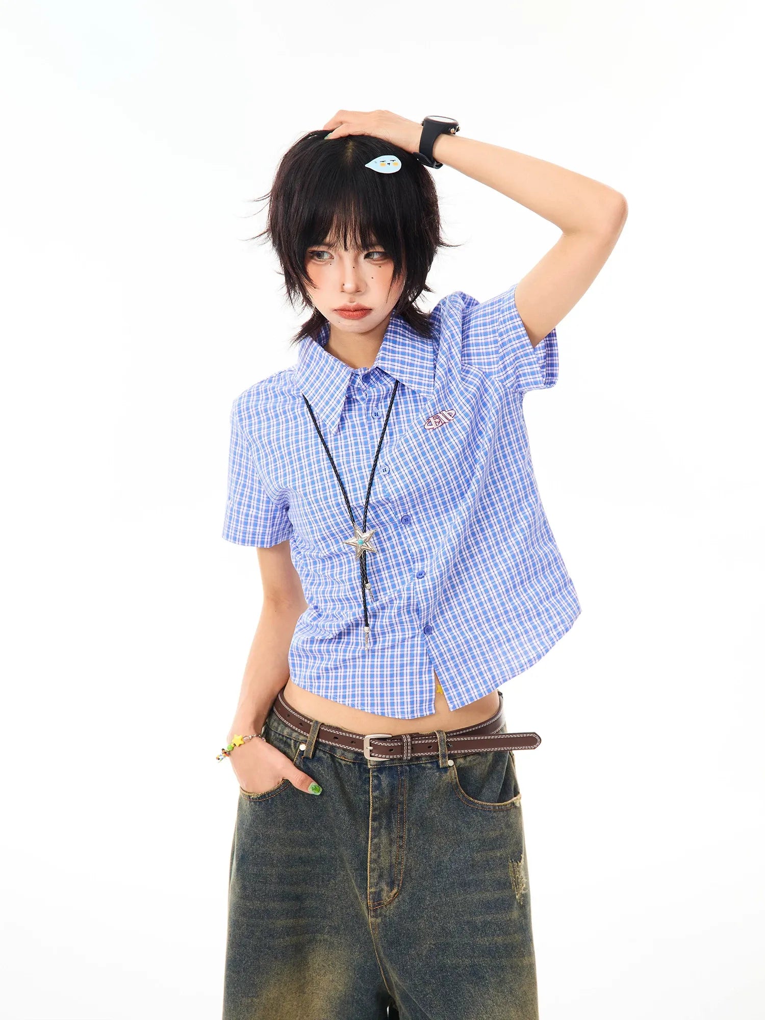 Vintage Embroidered Plaid Relaxed Fit Shirt OL2269