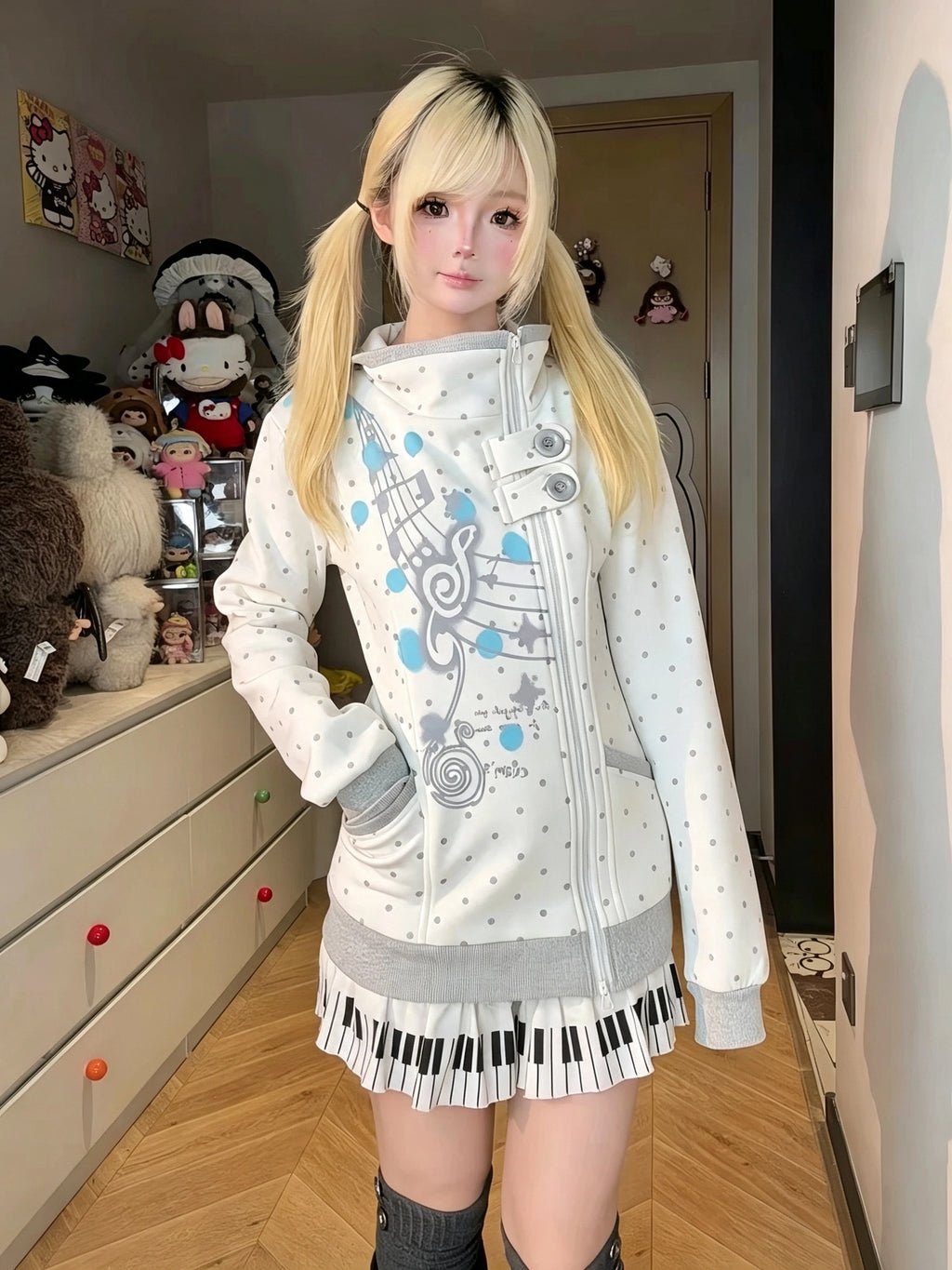 Music Note Polka Dot Stand Collar Zip Jacket OL2476