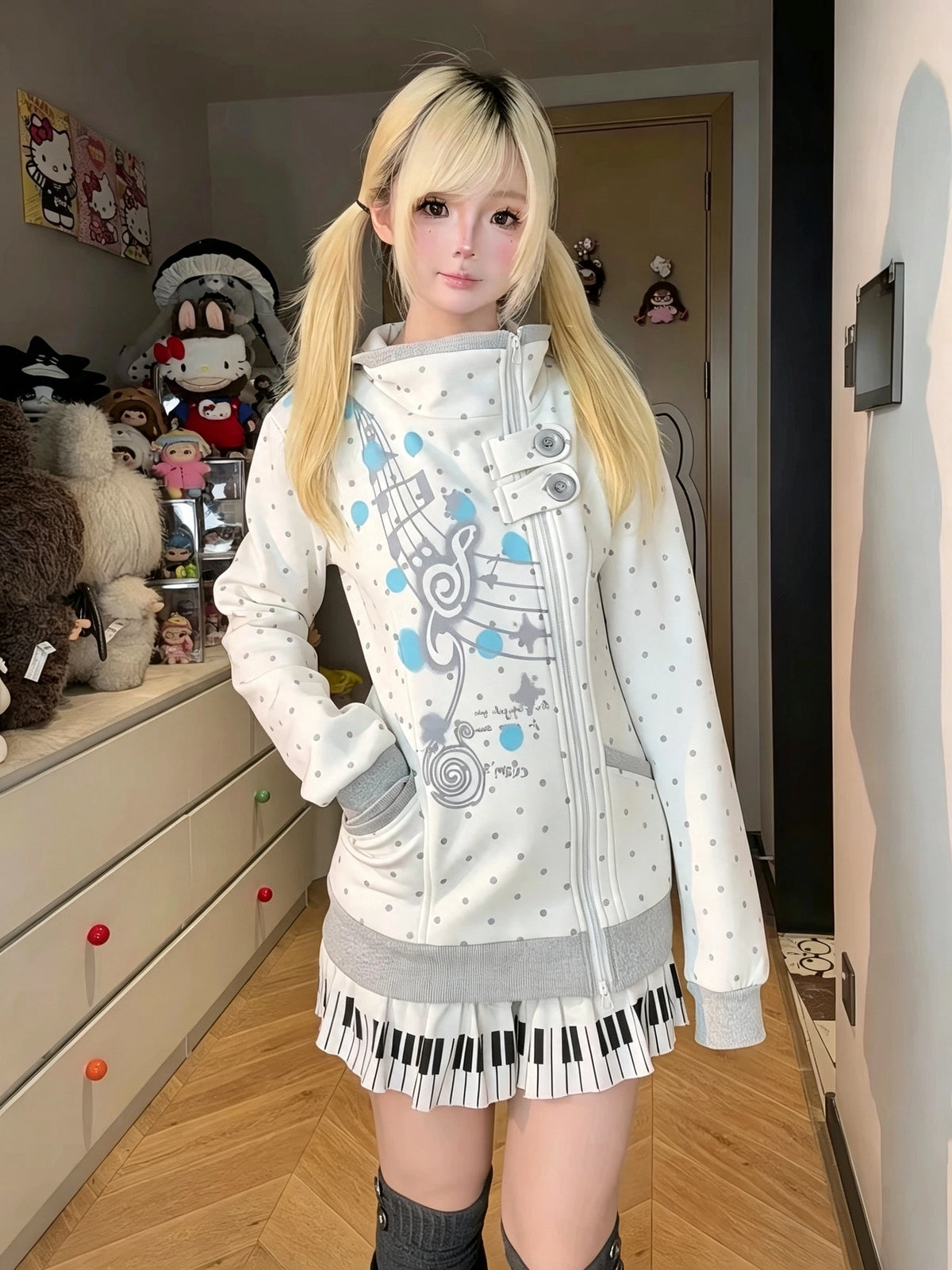 Music Note Polka Dot Stand Collar Zip Jacket OL2476
