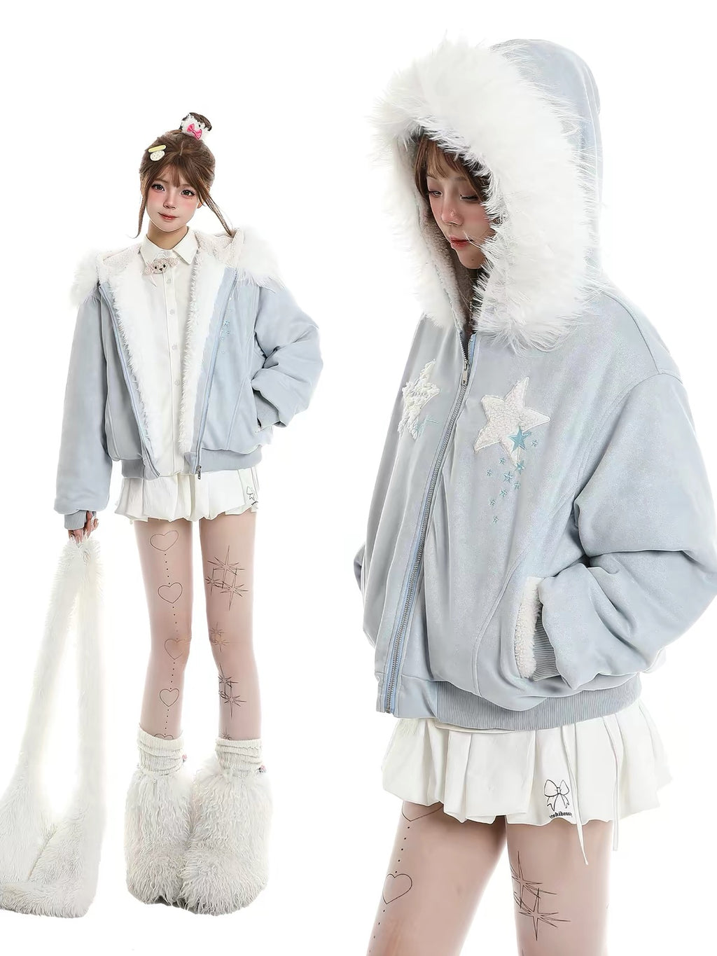 Star Patch Fur Collar Hooded Padded Jacket OL2475