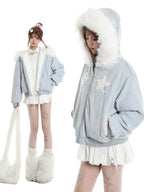 Star Patch Fur Collar Hooded Padded Jacket OL2475