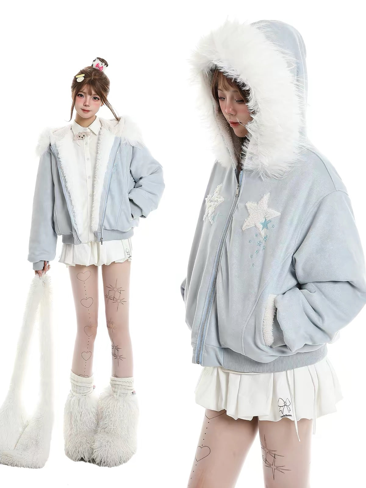 Star Patch Fur Collar Hooded Padded Jacket OL2475