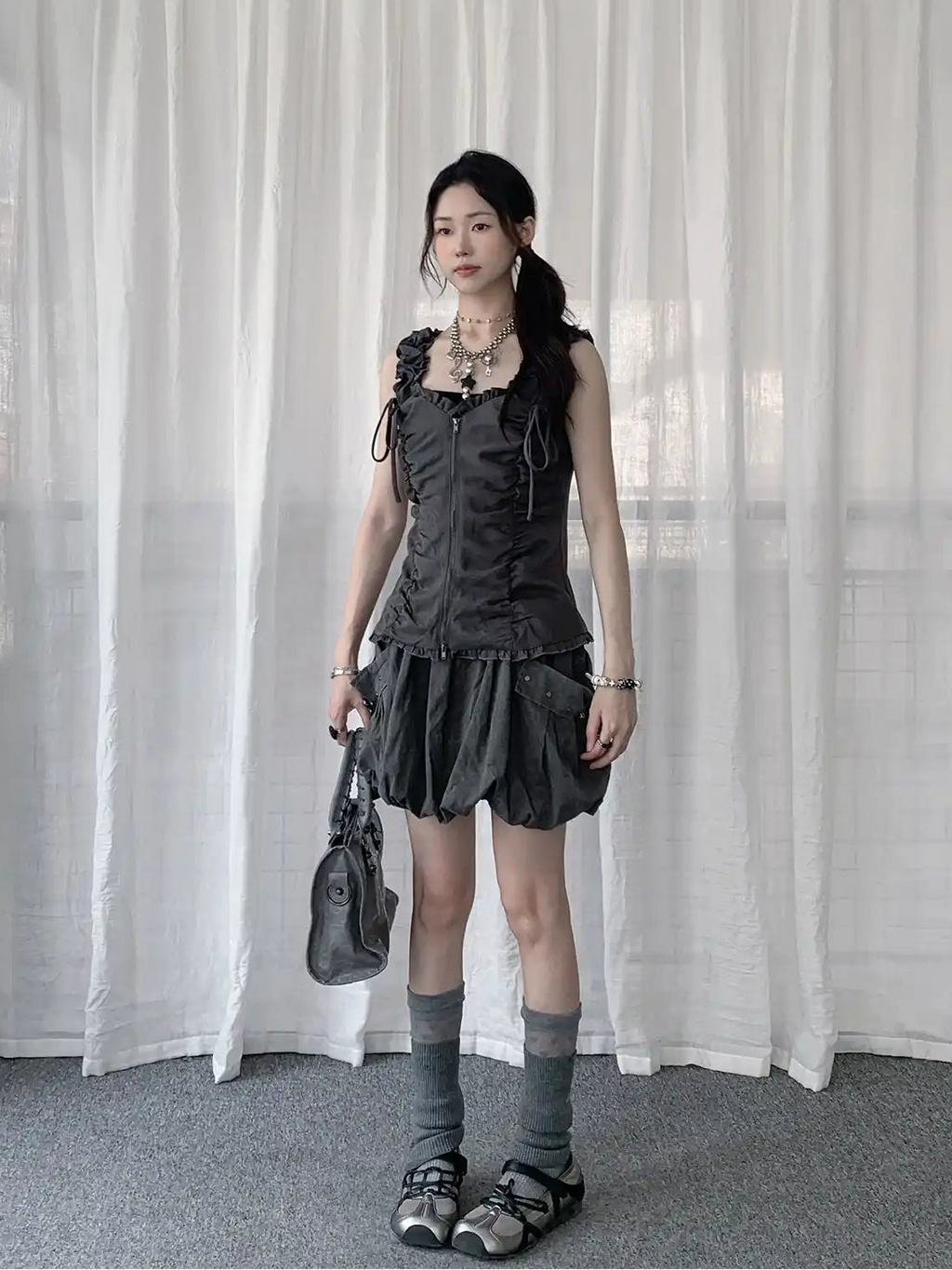 Ruffled Tie Double Zipper Vest OL2283
