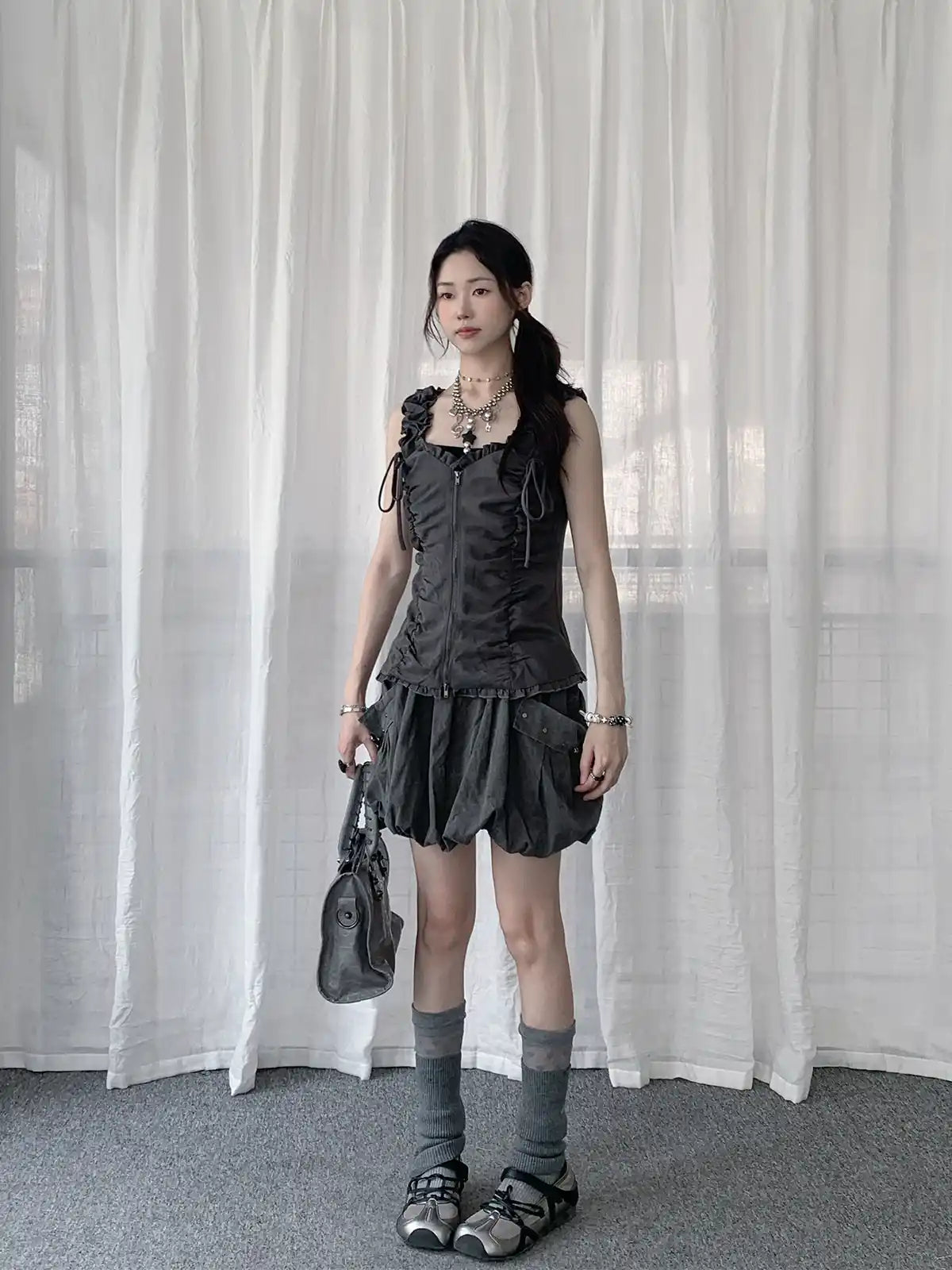 Ruffled Tie Double Zipper Vest OL2283