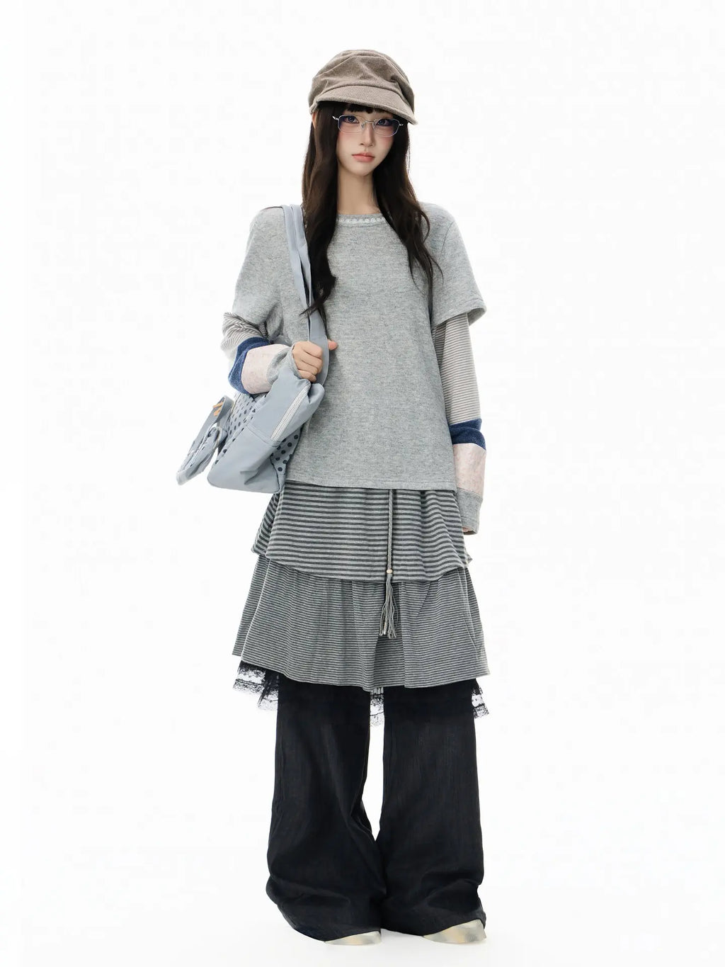 Grey Lace Patchwork Layered Long Sleeve Tee OL2405