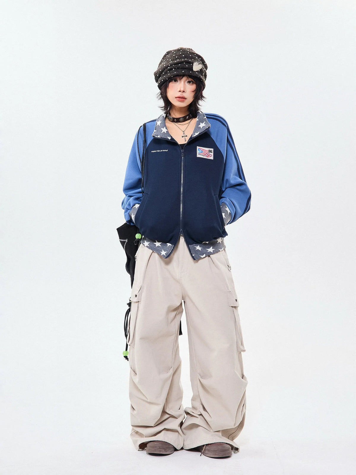 Retro Colorblock Stand Collar Zip Jacket   OL2026