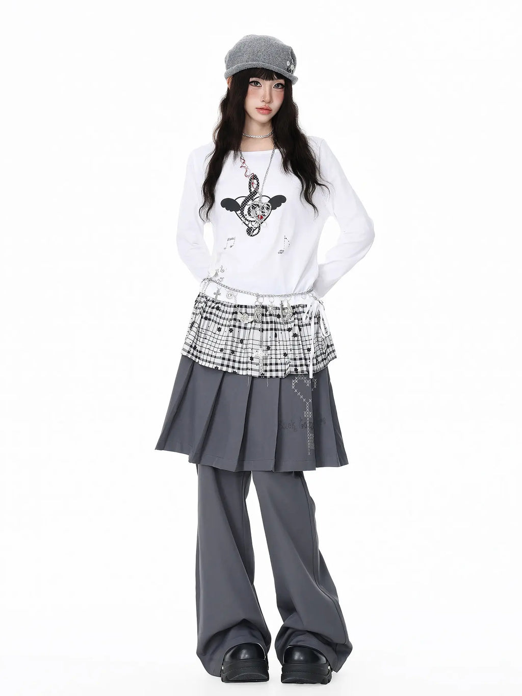 Pleated Skirt Layered Flare Pants OL2412