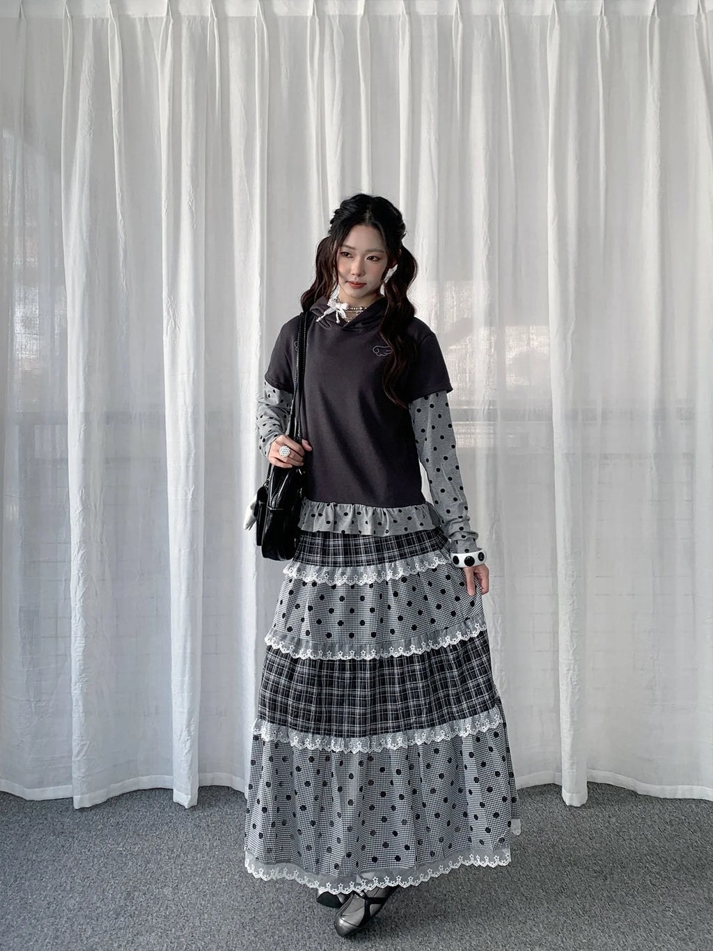 Lace Trim Polka Dot Tiered Midi Skirt OL2439