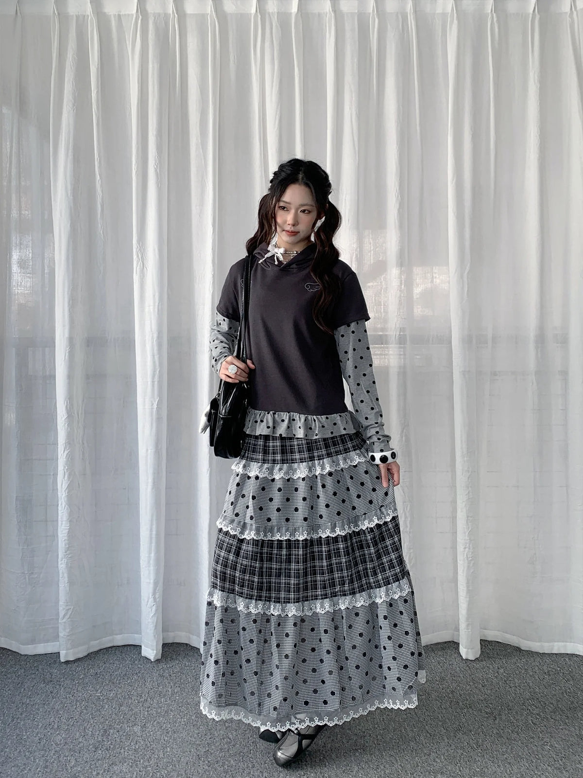 Lace Trim Polka Dot Tiered Midi Skirt OL2439