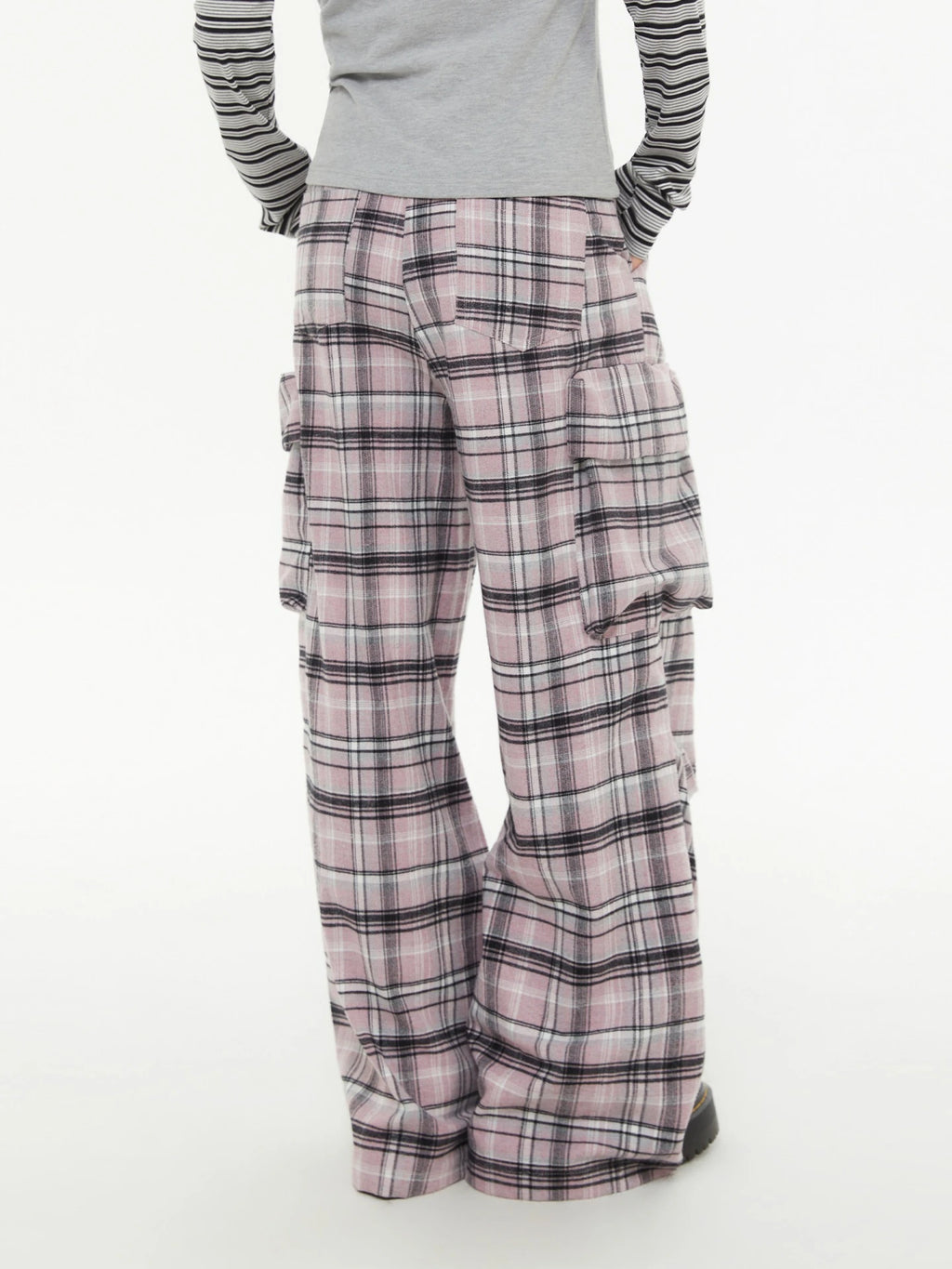 Pink Plaid Wide-Leg Cargo Pants OL2294