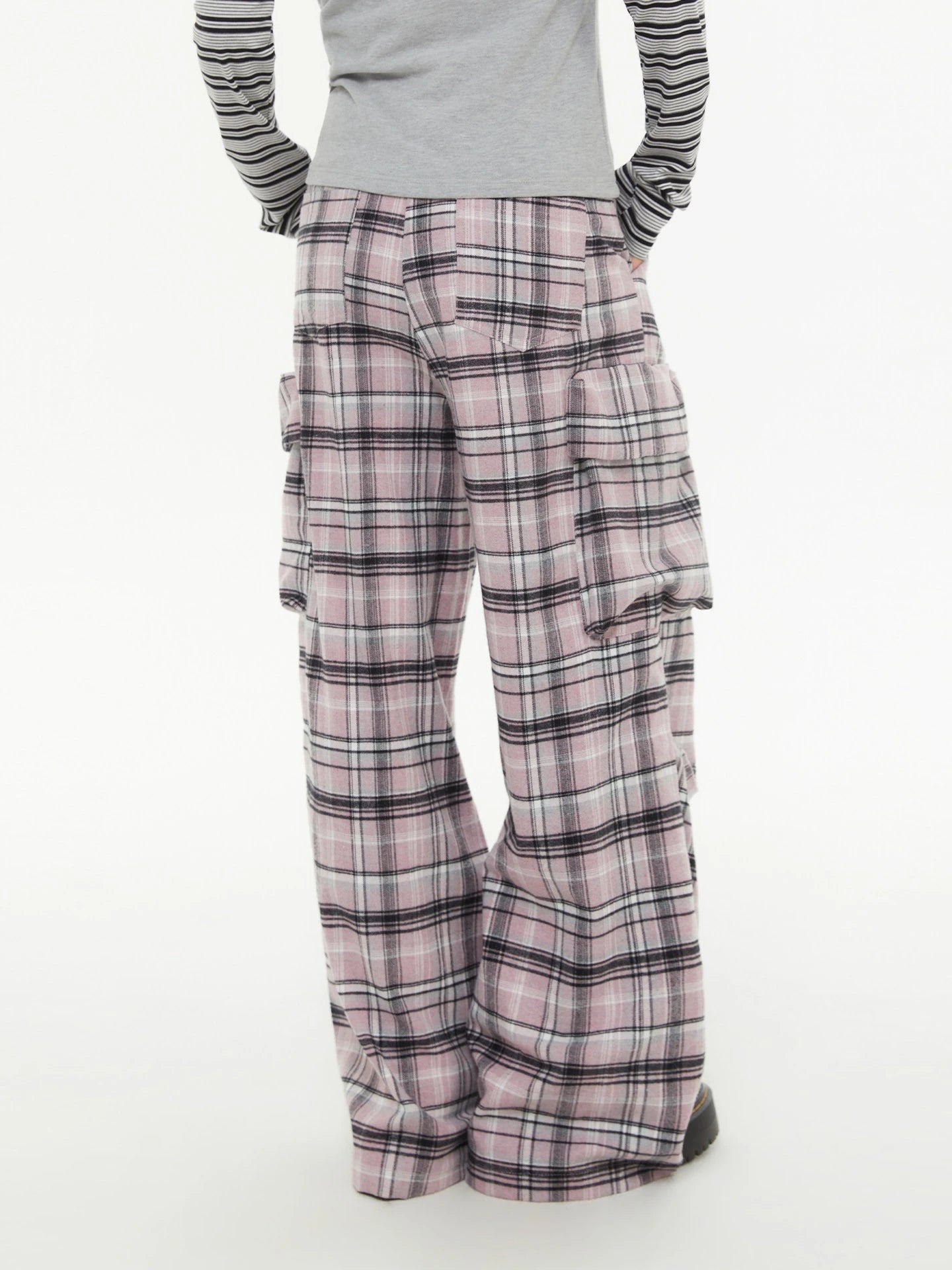Pink Plaid Wide-Leg Cargo Pants OL2294