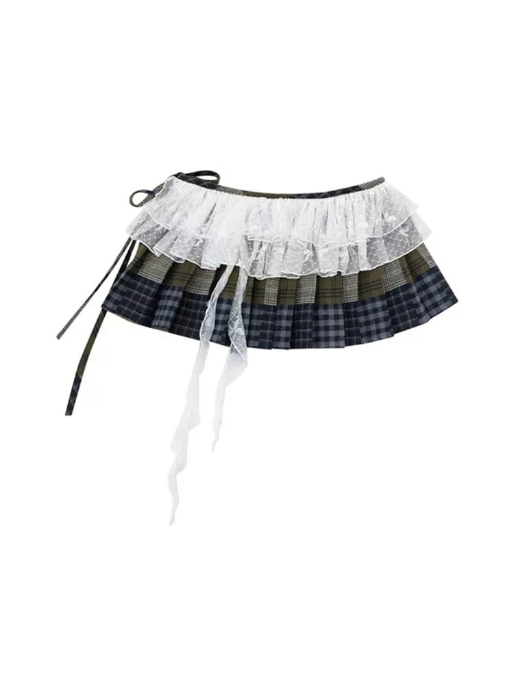 Patchwork Plaid Lace Wrap Skirt OLA041